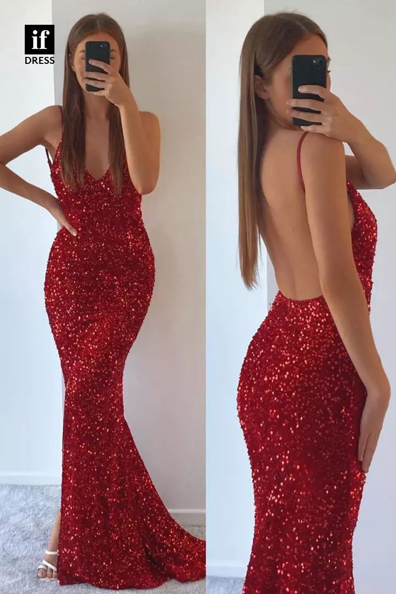 34441 - Sexy Backless Spaghetti Straps V-Neck Mermaid Prom  Formal Gown