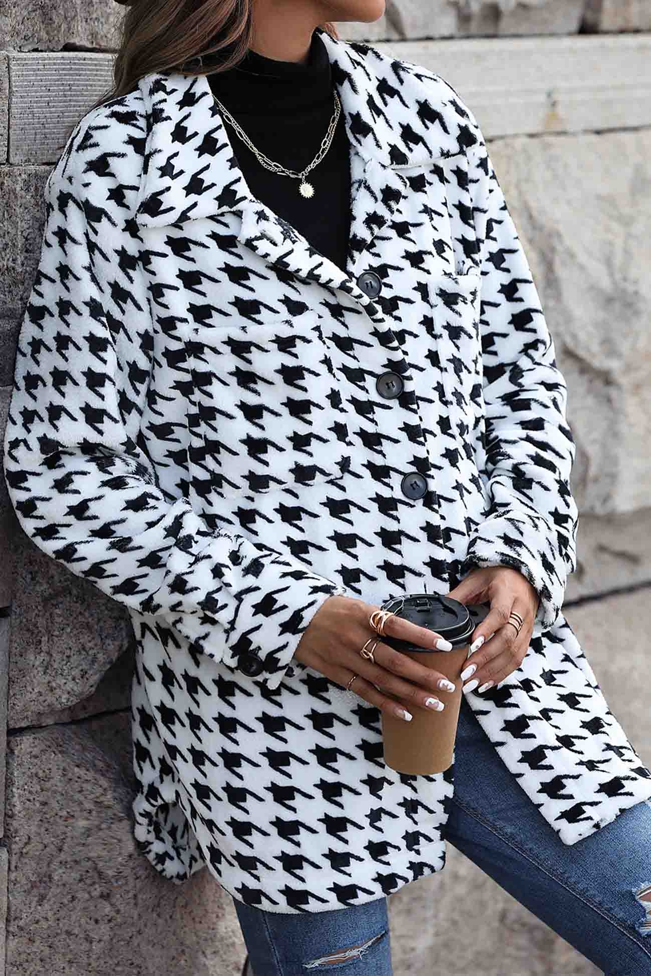 Houndstooth Long Sleeve Plush Jacket