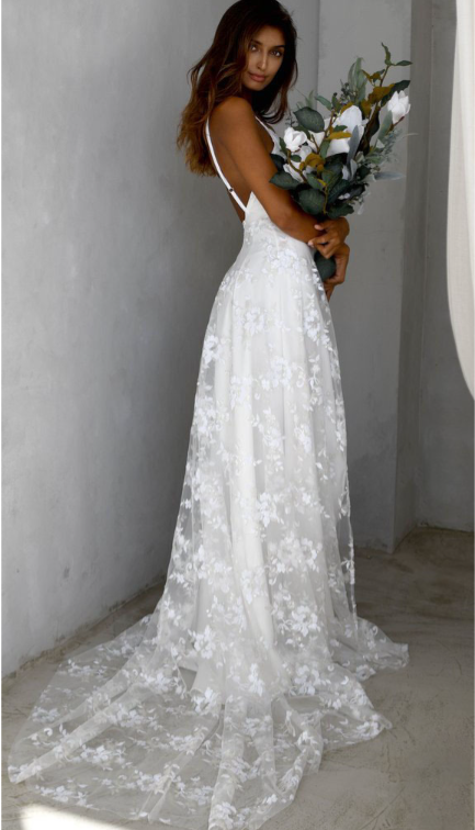 V-neck Lace Open Long Dress