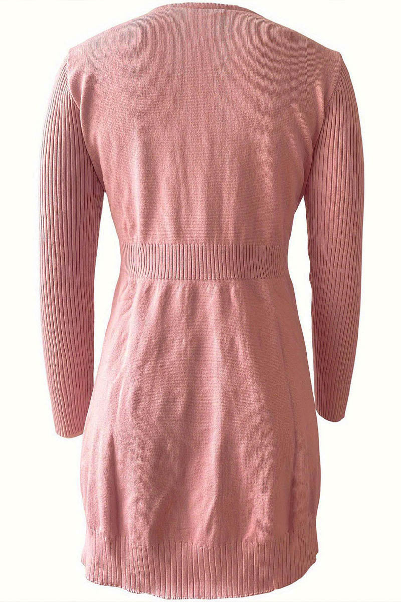 Solid Cable Wool V-Neck Casual Elegant Midi Sweater Dress