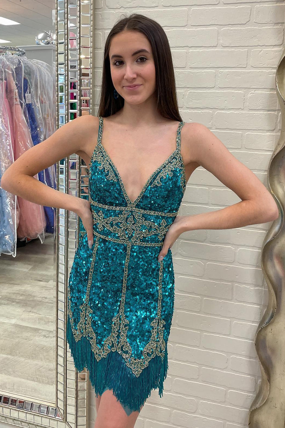 Turquoise Homecoming Dress Sequined Prom Dress With Fringes