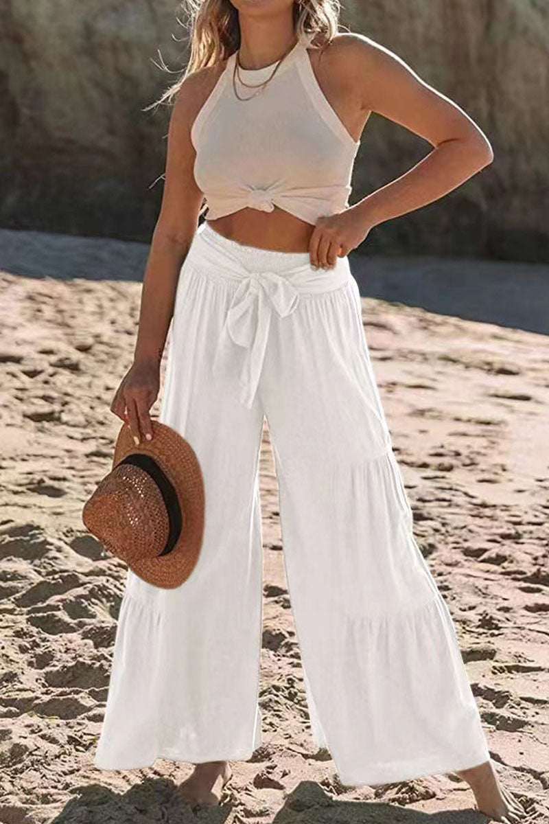 Tie-front Smocked Tiered Culottes