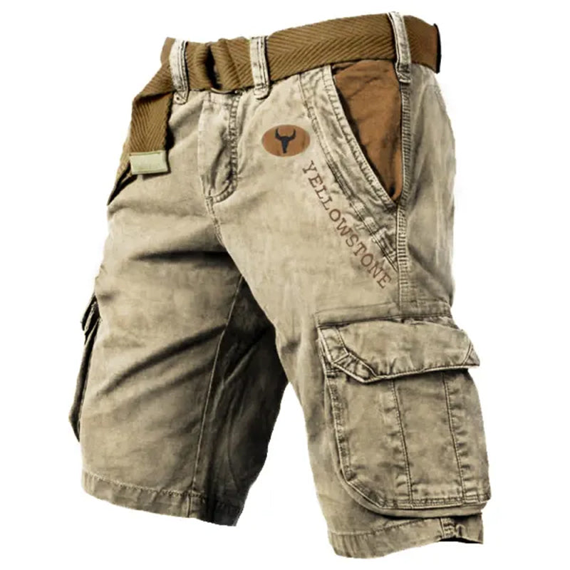 Men's Vintage Yellowstone Wash Print Multi-Pocket Tactical Shorts