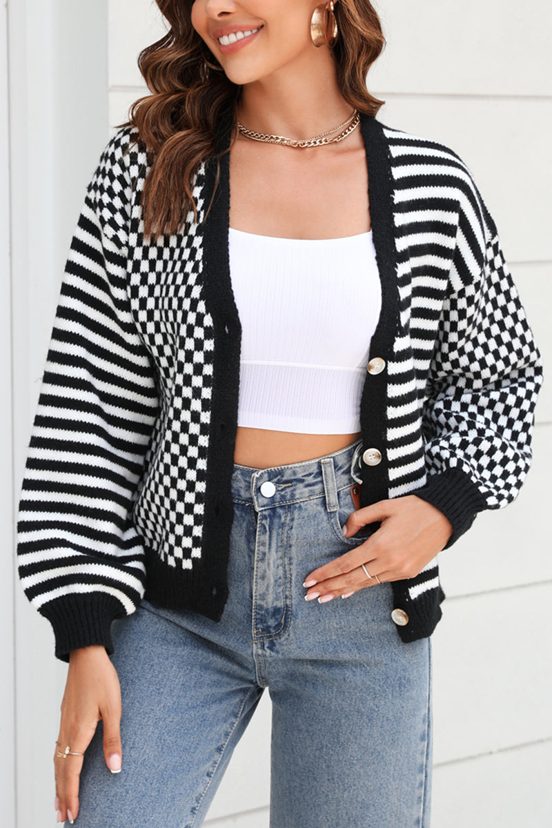 Plaid Stripe Panel Knit Cardigan Sweater