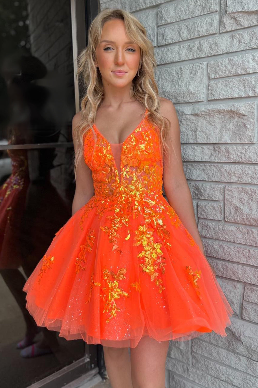 Orange Homecoming Dress A-Line Spaghetti Straps Short Prom Dress with Sequin