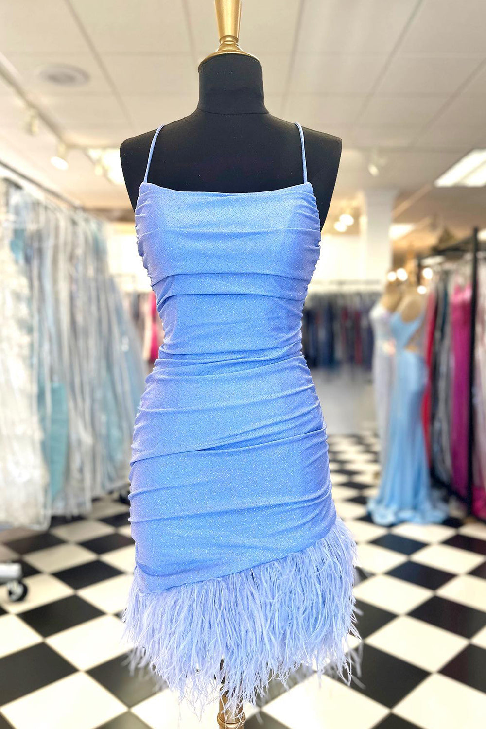 Glitter Light Blue Homecoming Dress Feathered Tight Short Prom Dress