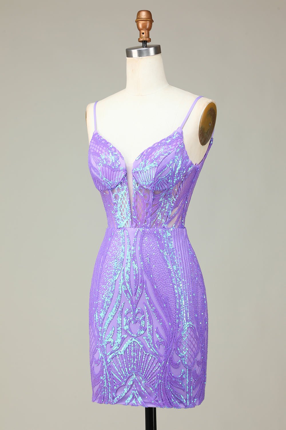 Bodycon Spaghetti Straps Lilac Homecoming Dress Sequin Corset Prom Dress with Criss Cross Back