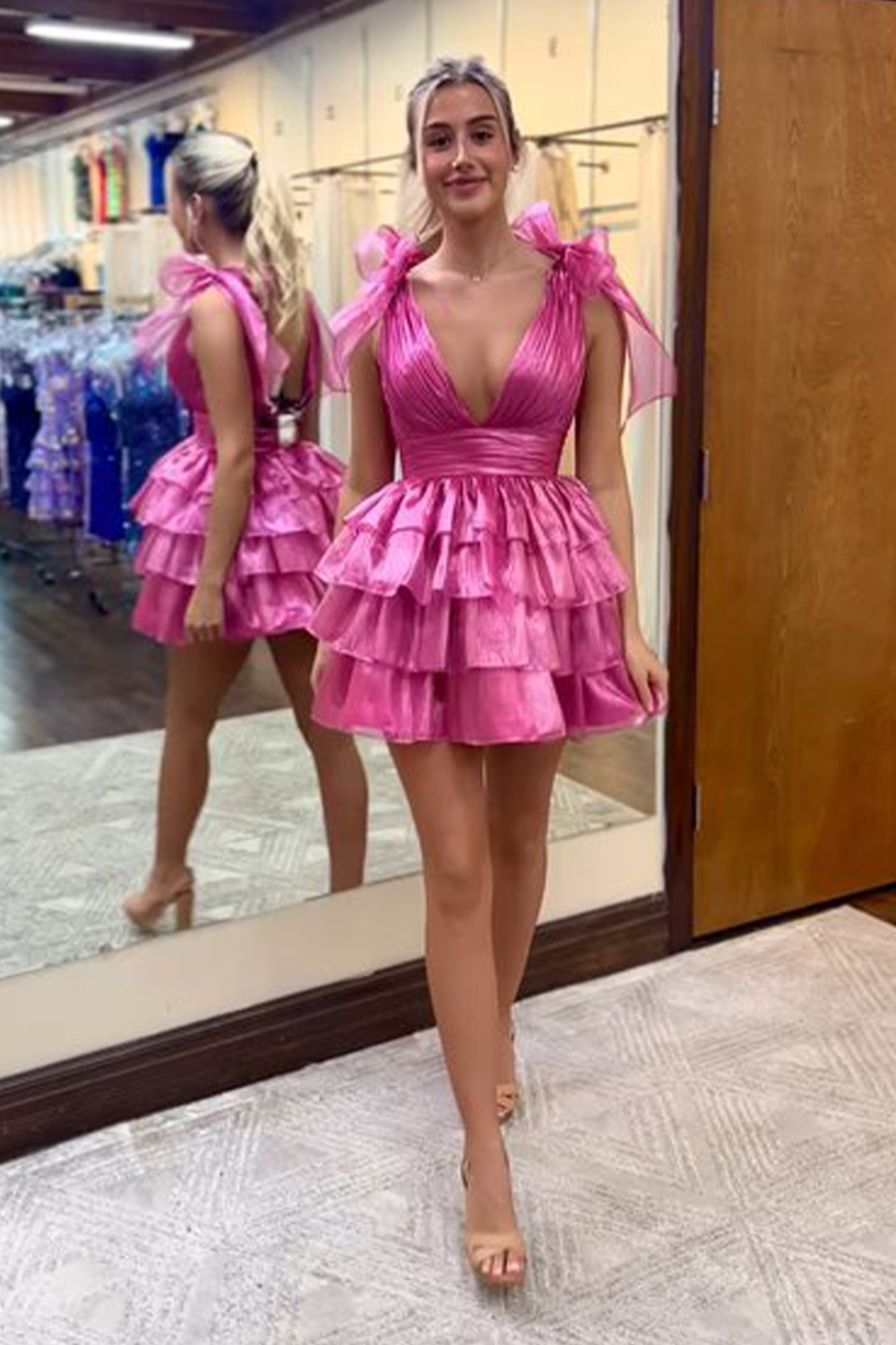 Fuchsia Homecoming Dress A Line V Neck Ruffled Short Prom Dress