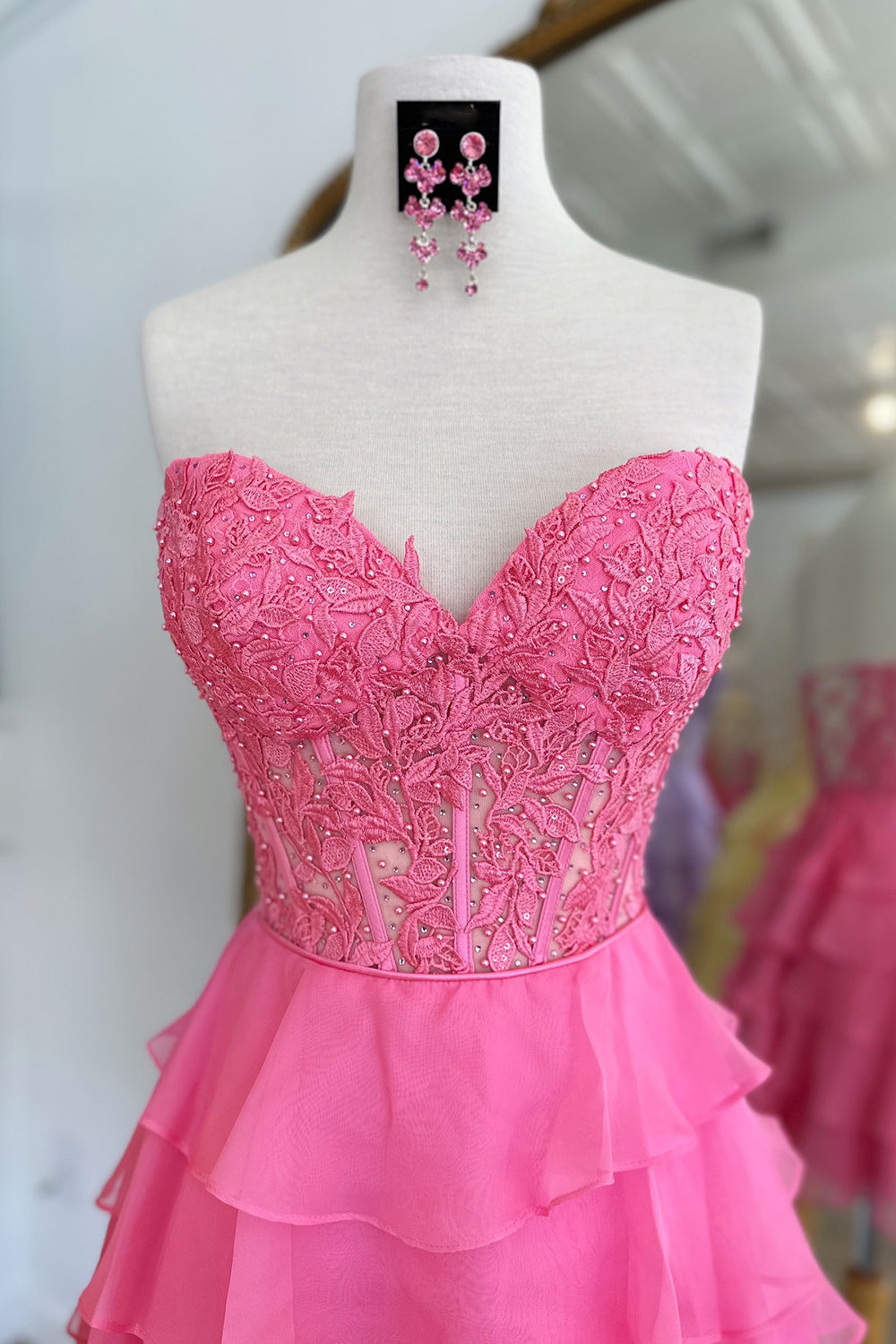 Pink Homecoming Dress Corset Strapless A Line Short Prom Dress with Ruffles