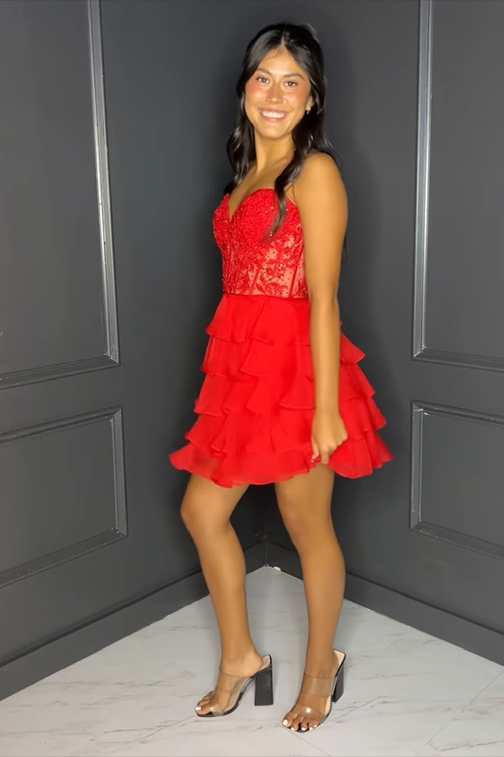 Pink Homecoming Dress Corset Strapless A Line Short Prom Dress with Ruffles