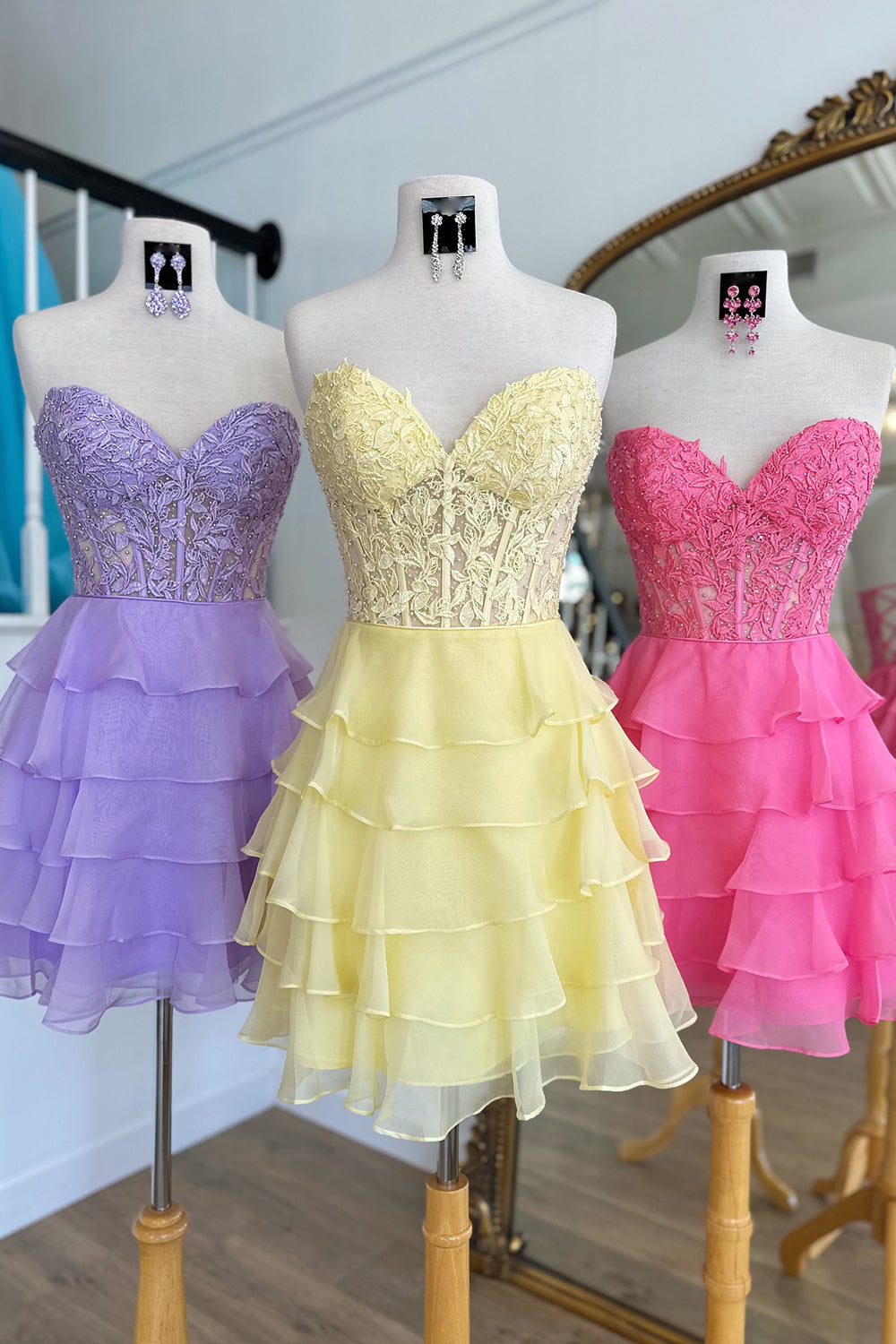 Pink Homecoming Dress Corset Strapless A Line Short Prom Dress with Ruffles