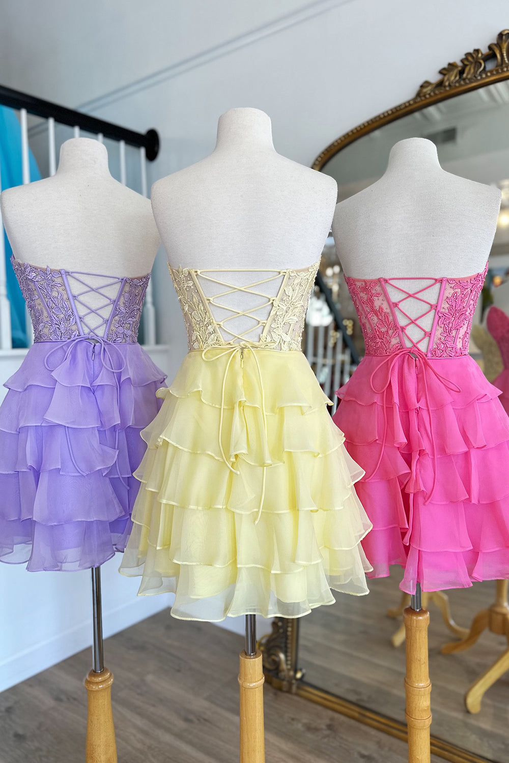 Pink Homecoming Dress Corset Strapless A Line Short Prom Dress with Ruffles