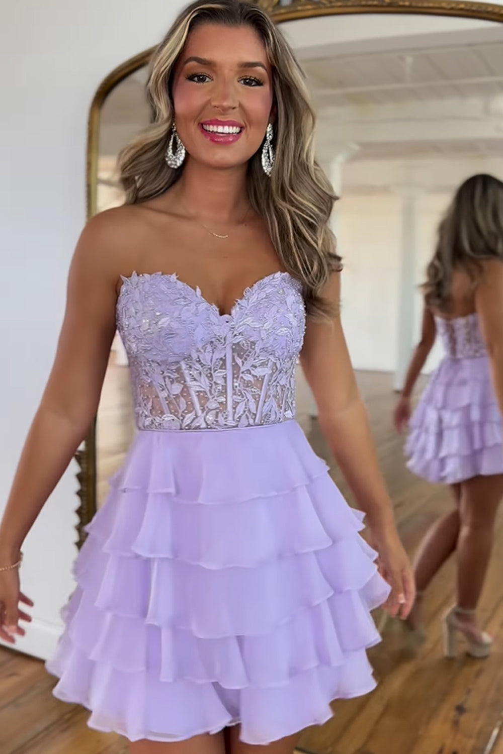 Pink Homecoming Dress Corset Strapless A Line Short Prom Dress with Ruffles