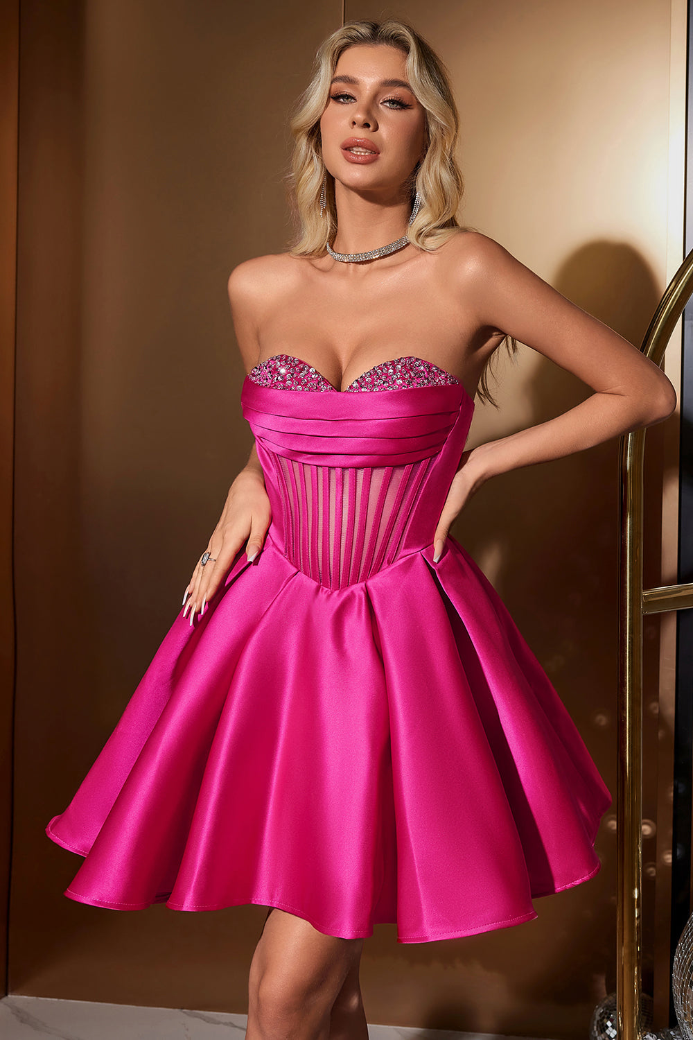 Fuchsia Homecoming Dress A Line Corset Beaded Tight Short Prom Dress