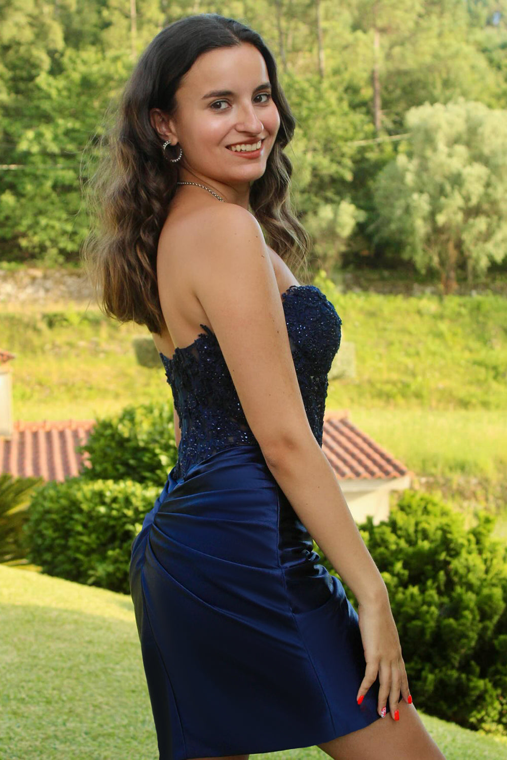 Navy Homecoming Dress Corset Strapless Tight Short Prom Dress with Appliques