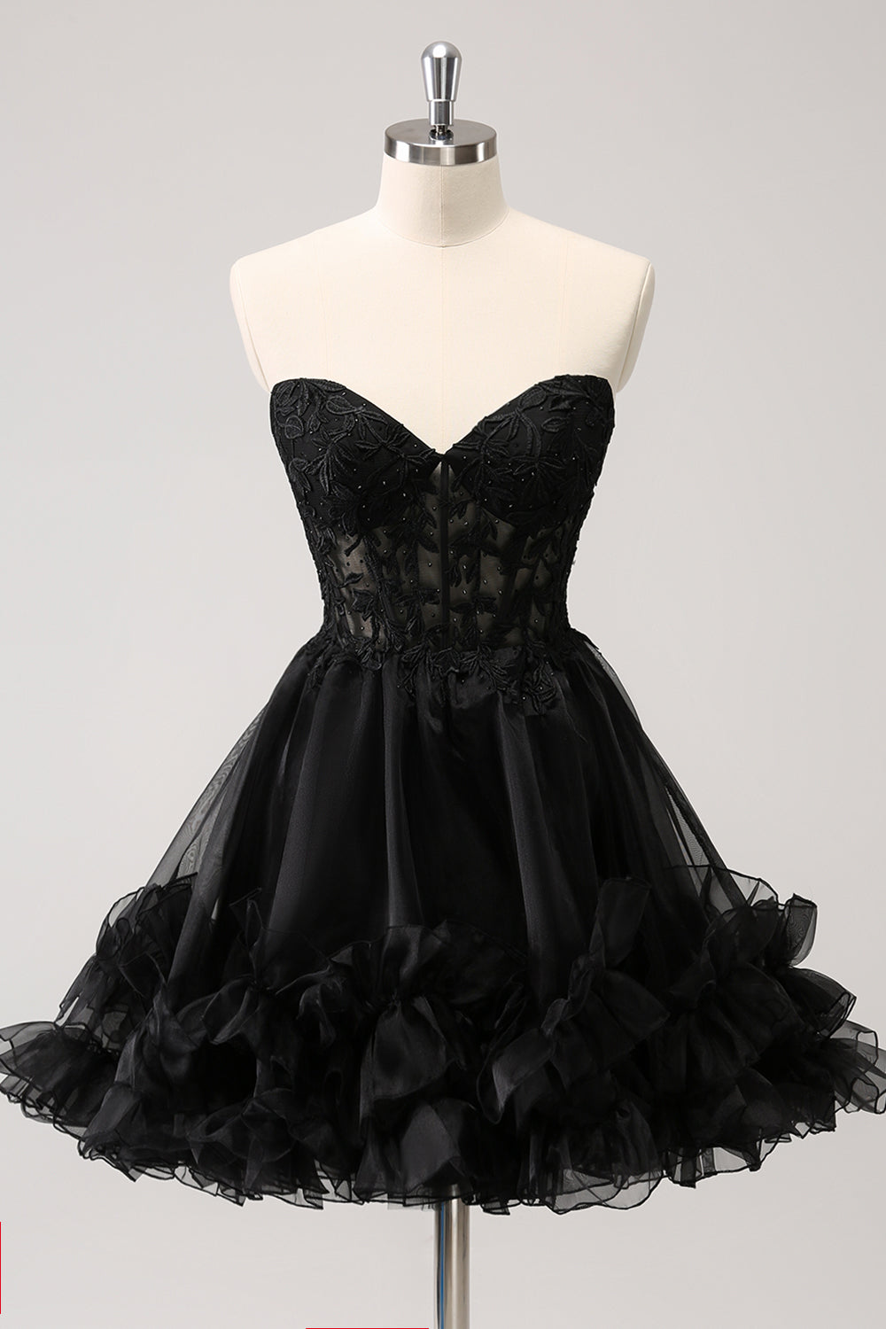 Black Homecoming Dress Strapless Corset A Line Tiered Short Prom Dress