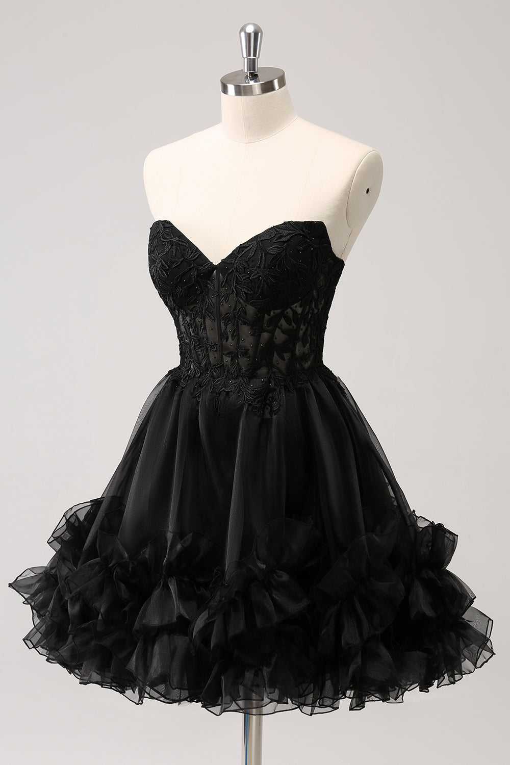 Black Homecoming Dress Strapless Corset A Line Tiered Short Prom Dress