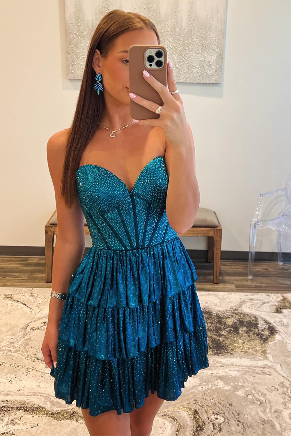 Peacock Blue Homecoming Dress Sweetheart Ruffled Short Prom Dress