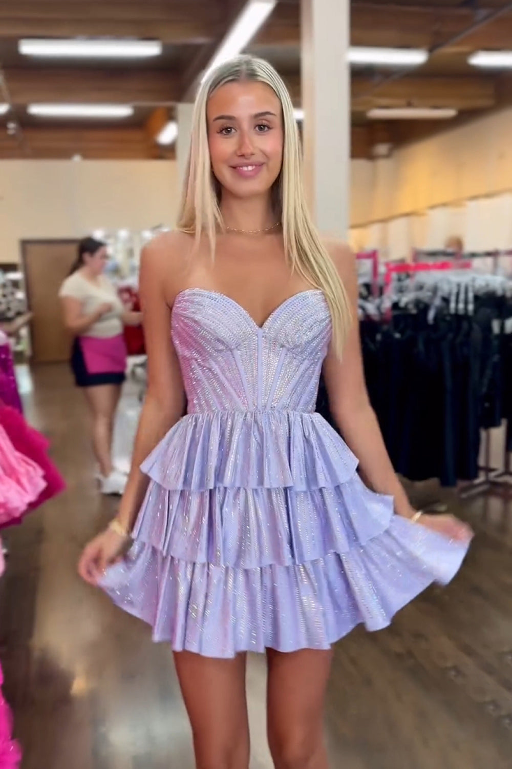 Lilac Homecoming Dress A Line Corset Strapless Tiered Short Prom Dress