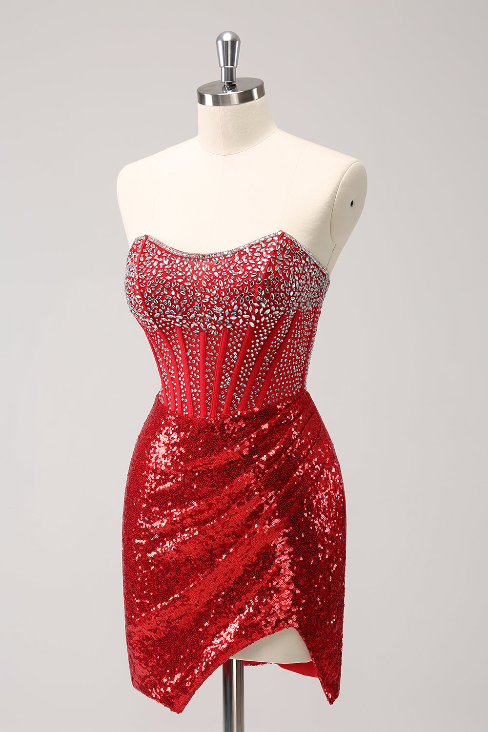 Red Homecoming Dress Beaded Strapless Tight Short Prom Dress