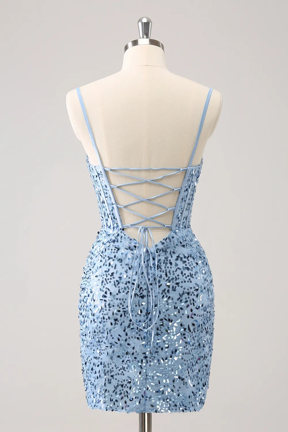 Blue Homecoming Dress Spaghetti Straps Corset Tight Short Prom Dress