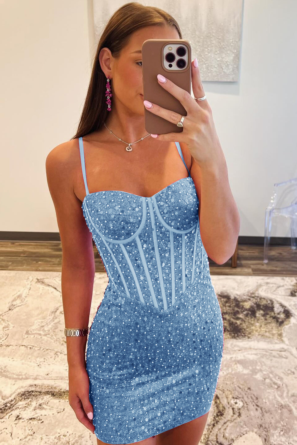 Blue Homecoming Dress Spaghetti Straps Corset Tight Short Prom Dress