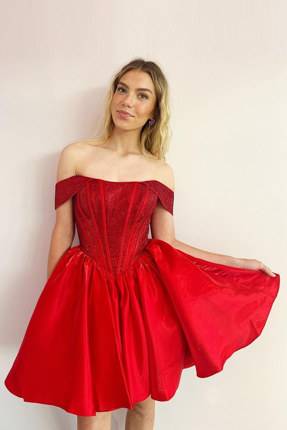 Red Homecoming Dress Off The Shoulder Corset A Line Short Prom Dress