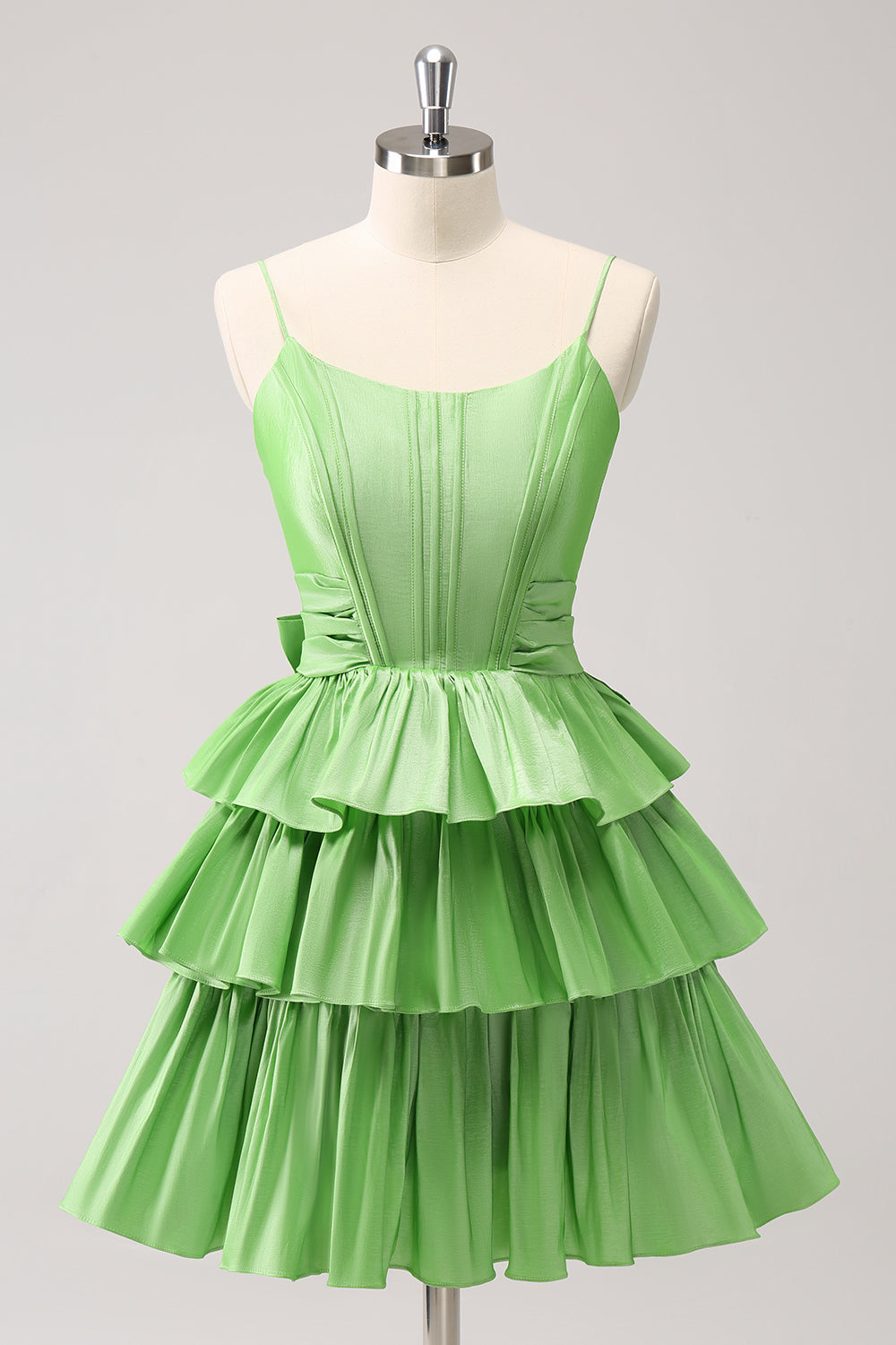 Green Homecoming Dress A Line Tiered Short Prom Dress With Bow