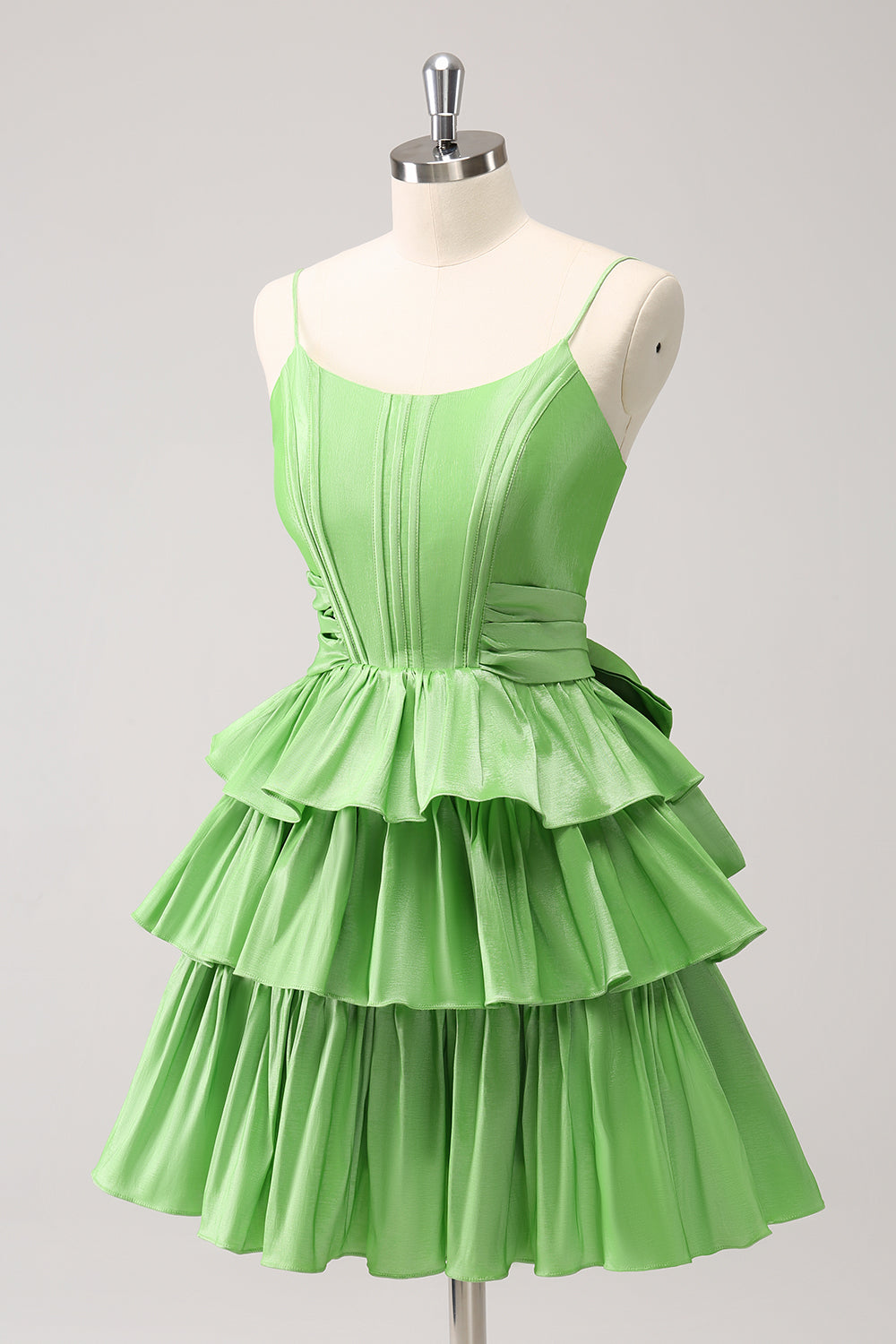 Green Homecoming Dress A Line Tiered Short Prom Dress With Bow