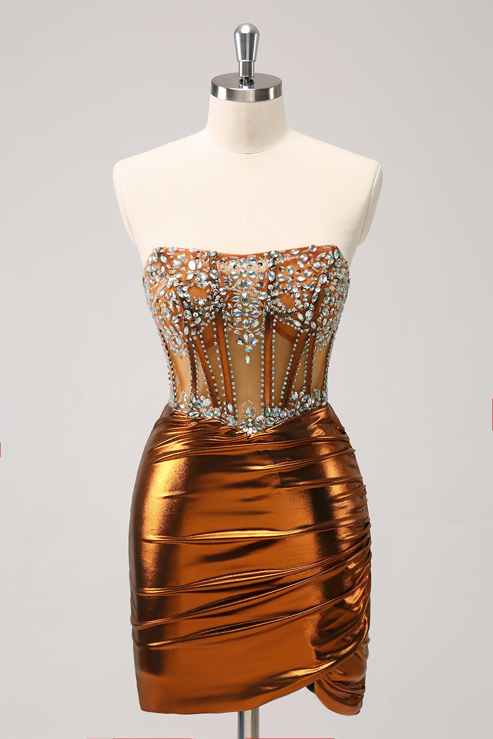 Copper Homecoming Dress Strapless Beaed Tight Short Prom Dress