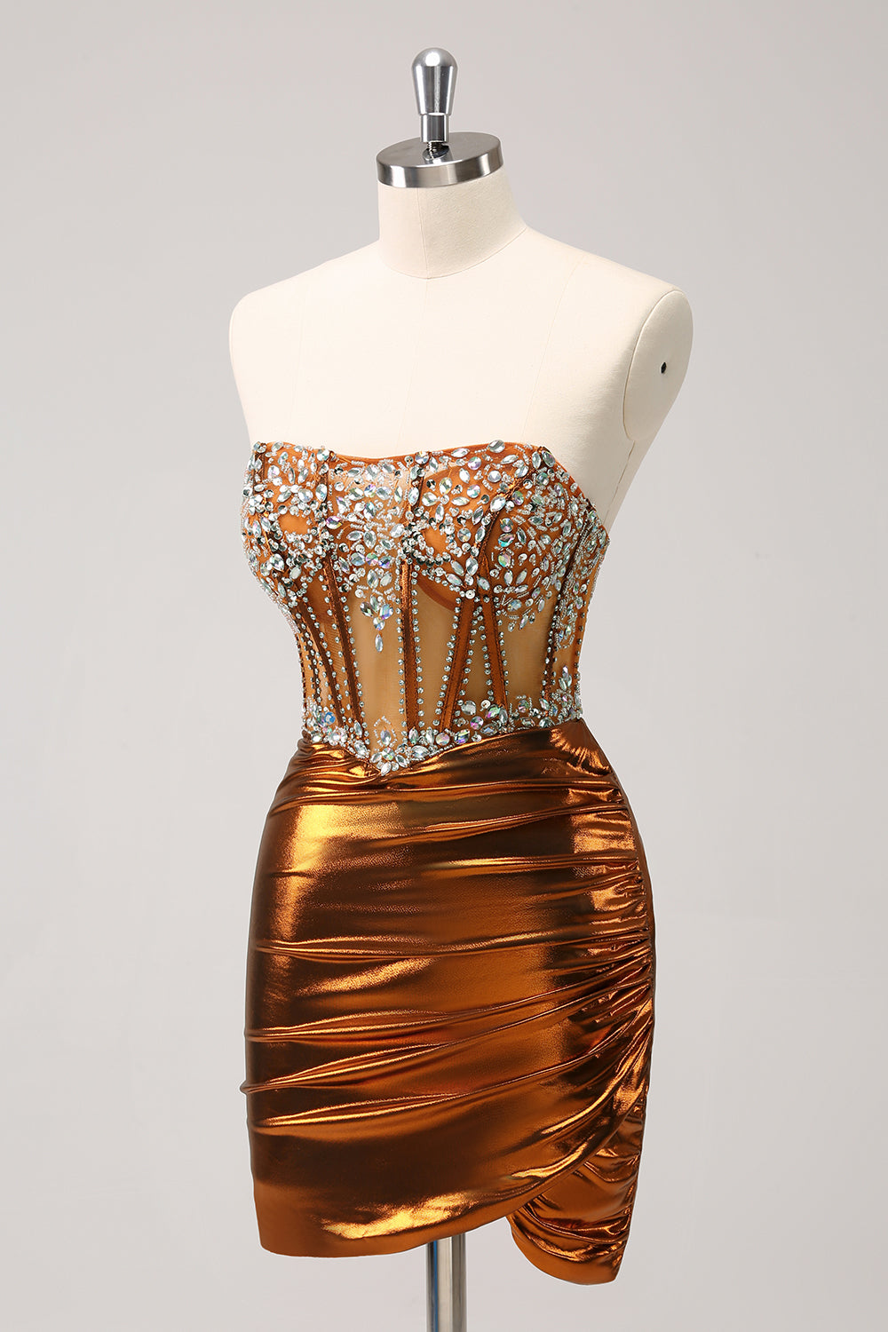 Copper Homecoming Dress Strapless Beaed Tight Short Prom Dress