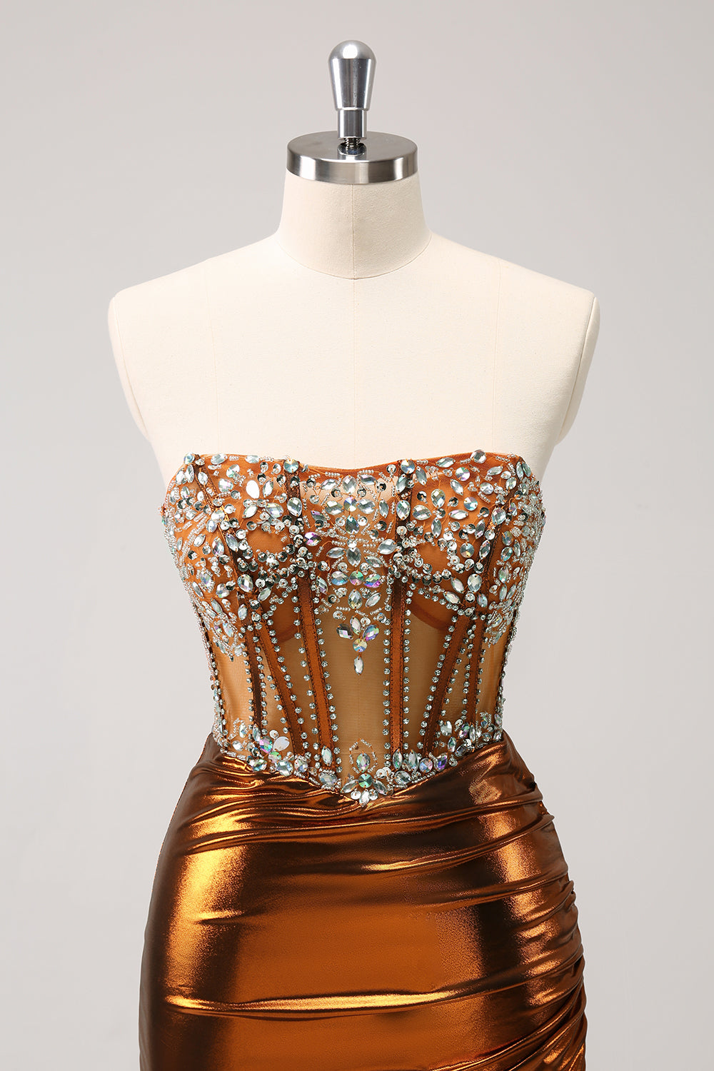 Copper Homecoming Dress Strapless Beaed Tight Short Prom Dress