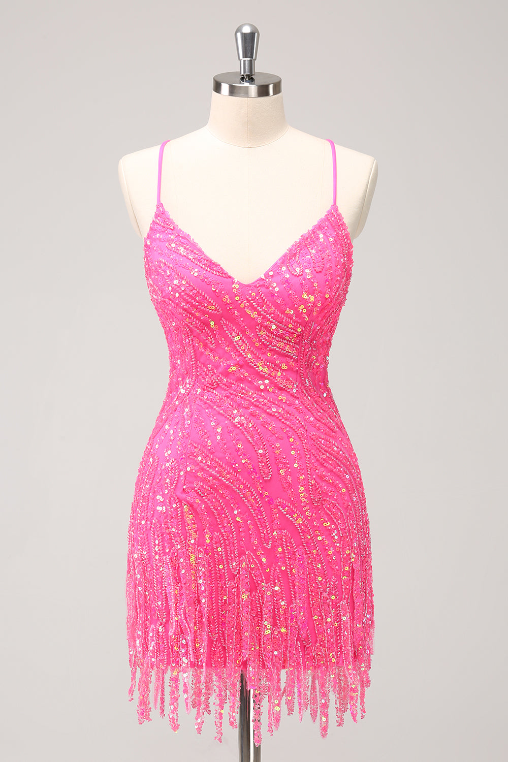 Hot Pink Homecoming Dress Sequin Spaghetti Straps Tight Short Prom Dress With Fringes