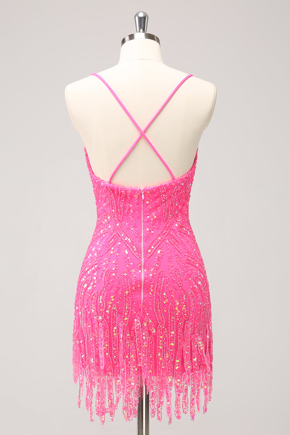 Hot Pink Homecoming Dress Sequin Spaghetti Straps Tight Short Prom Dress With Fringes