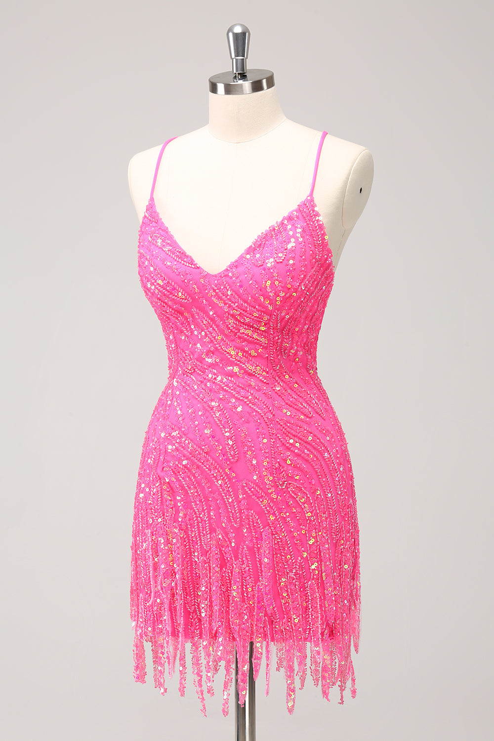 Hot Pink Homecoming Dress Sequin Spaghetti Straps Tight Short Prom Dress With Fringes