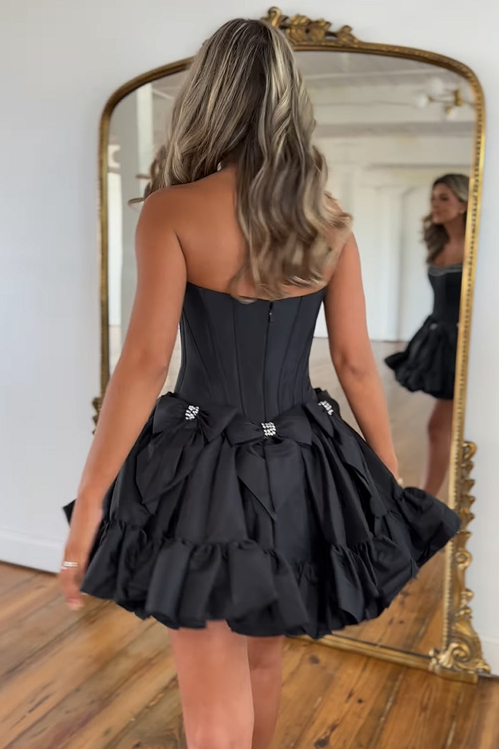 Black Homecoming Dress Corset Strapless A Line Short Prom Dress With Bows