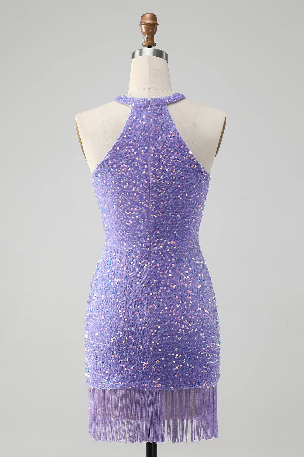 Lilac Homecoming Dress Bodycon Halter Sequin Short Prom Dress With Tassels