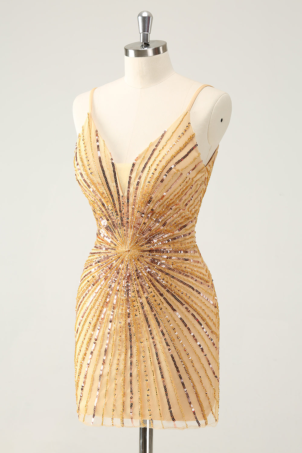 Golden Homecoming Dress Sequin Spaghetti Straps Tight Short Prom Dress