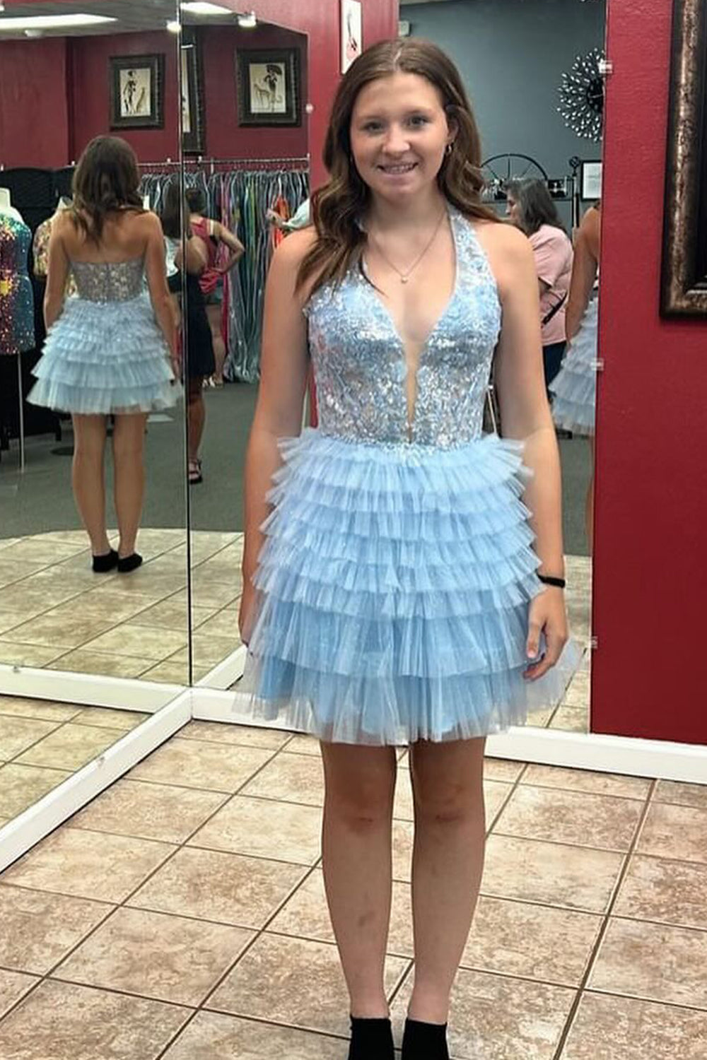 Grey Homecoming Dress A Line Halter Tiered Short Corset Prom Dress