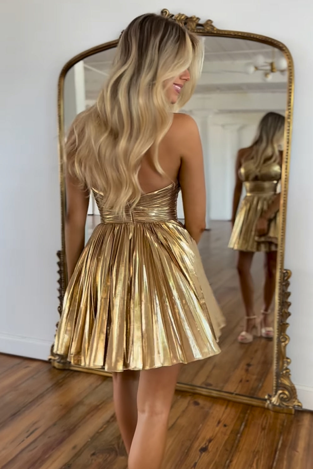 Golden Homecoming Dress Criss Cross Halter A Line Pleated Short Prom Dress