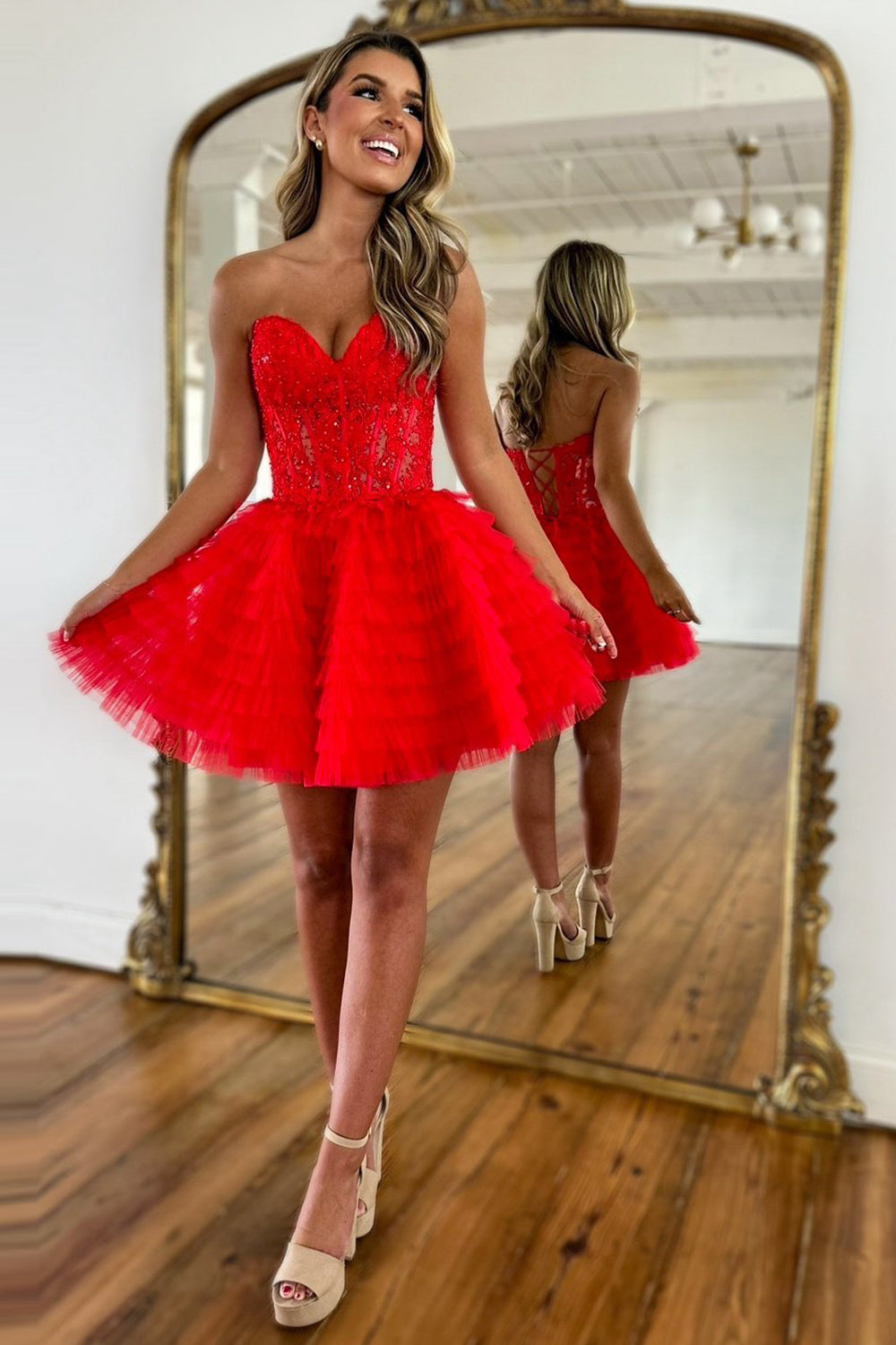 Red Homecoming Dress Strapless Corset A Line Short Prom Dress With Beadings