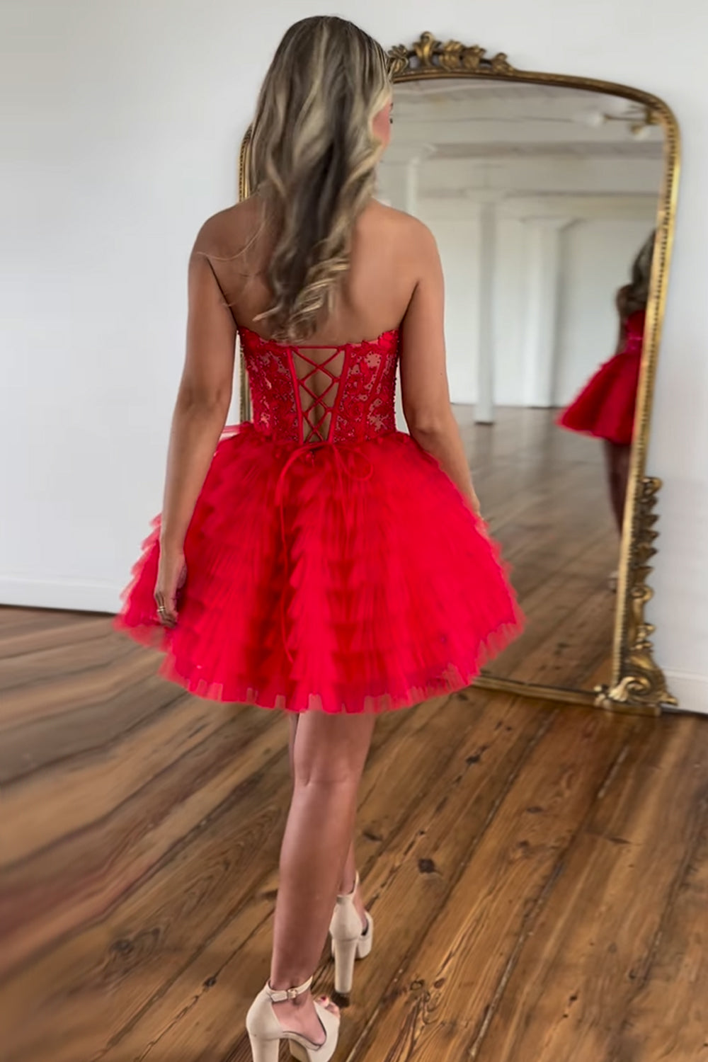 Red Homecoming Dress Strapless Corset A Line Short Prom Dress With Beadings