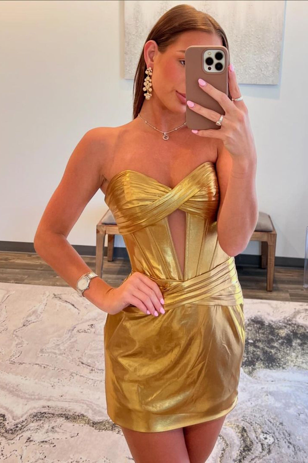 Simple Golden Homecoming Dress Corset Strapless Tight Short Prom Dress