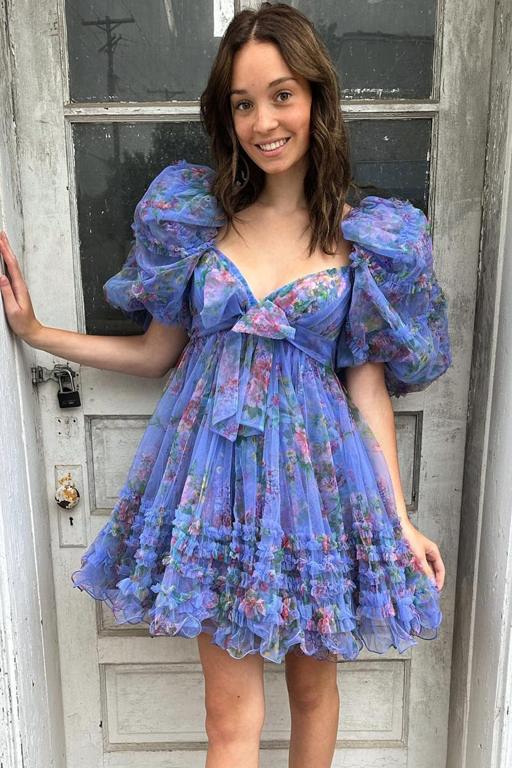 Blue Homecoming Dress Puff Sleeves A-Line Floral Short Prom Dress with Ruffles