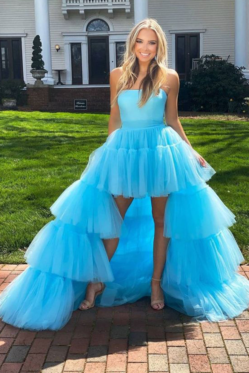 Blue Homecoming Dress A-Line High Low Strapless Prom Dress with Ruffles