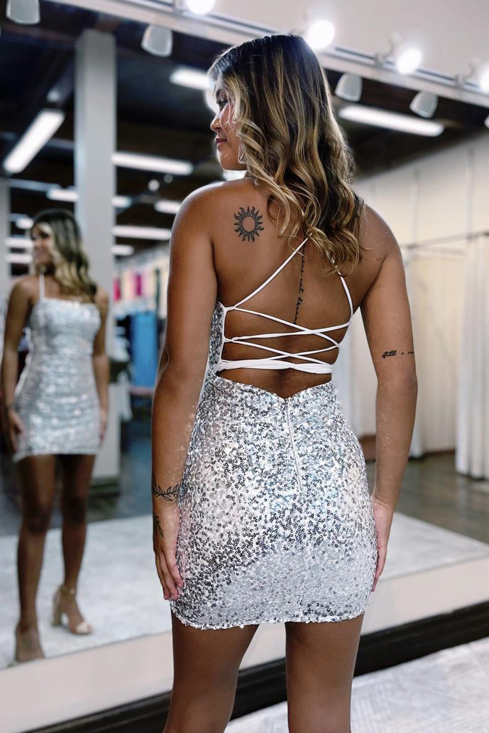 Silver Homecoming Dress Lace-Up Sequin Tight Short Prom Dress