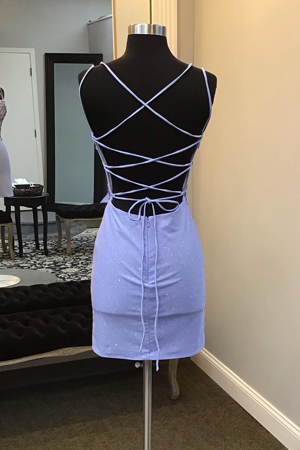 Purple Homecoming Dress Beaded Spaghetti Straps Corset Tight Short Prom Dress