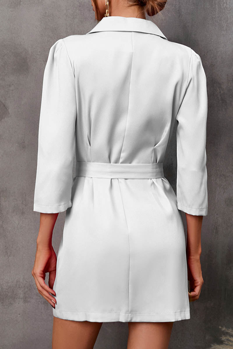 Three-quarter Sleeves V-neck Belted Buttoned Suit Dress