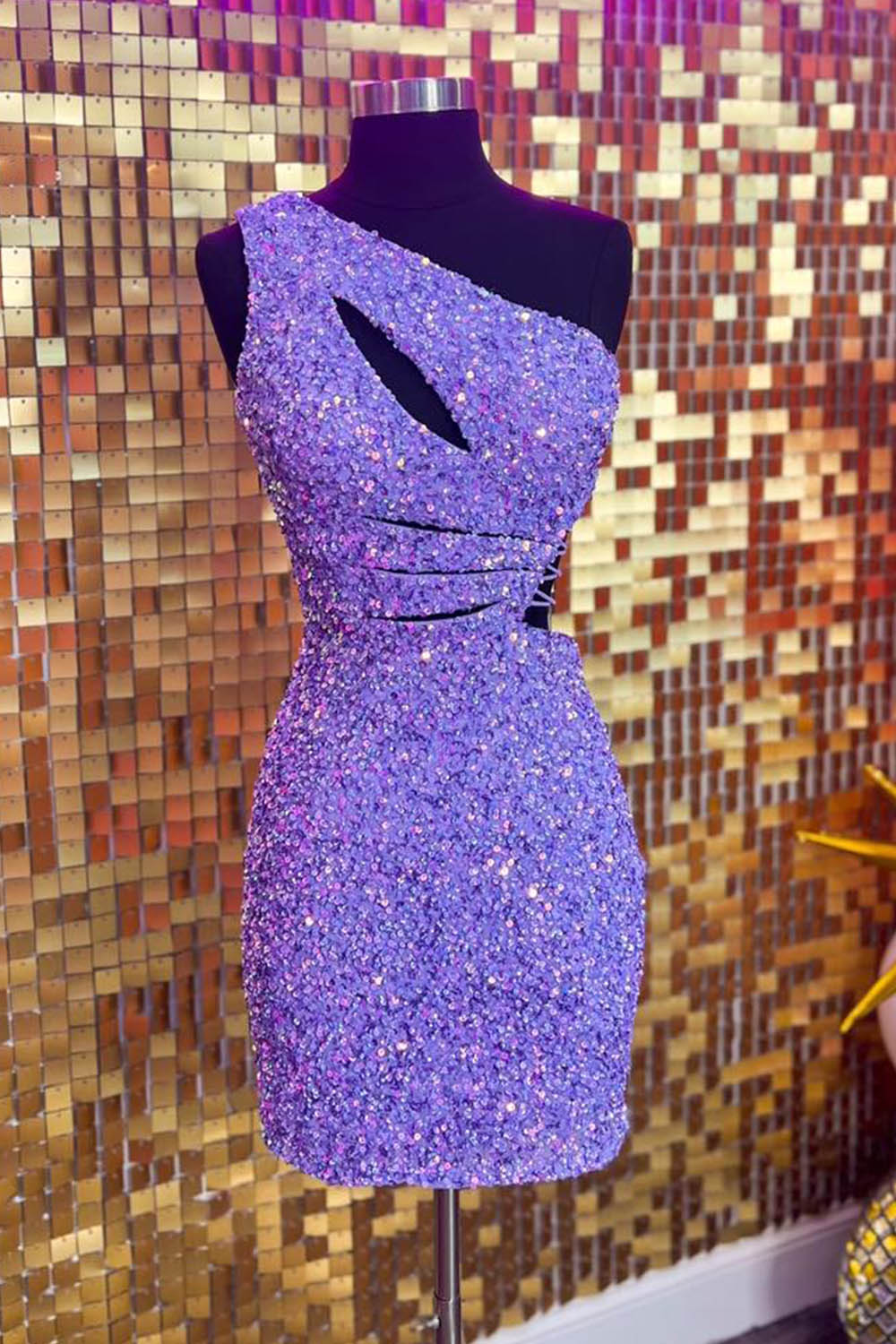 Purple Homecoming Dress One Shoulder Cut Out Sequin Tight Short Prom Dress