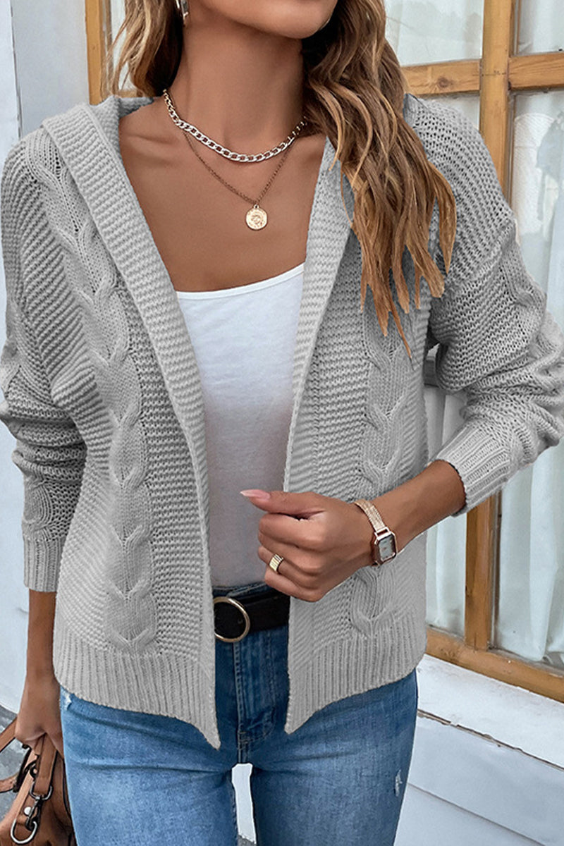 Solid Color Hooded Twist Cardigan Sweater